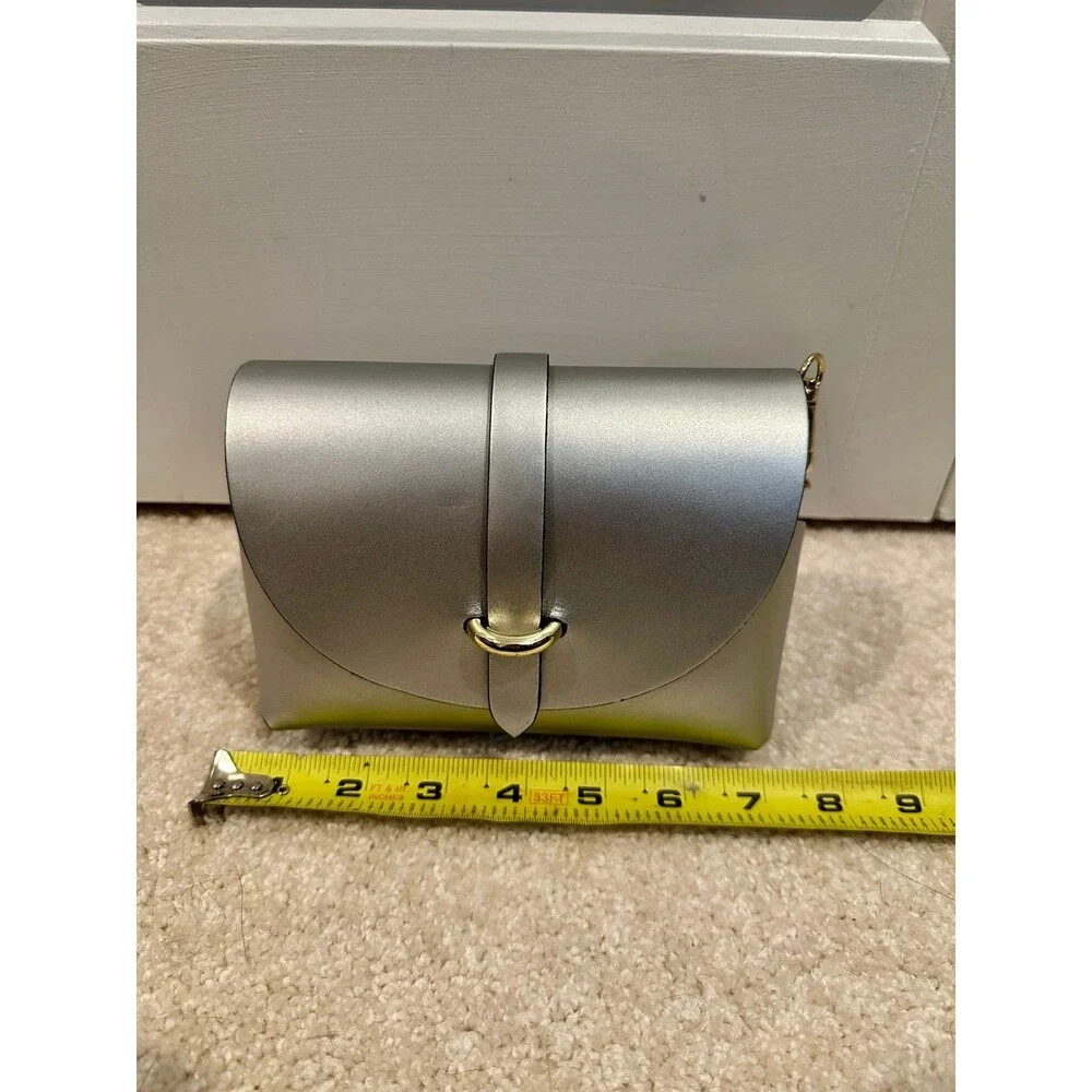 Silver Vintage Genuine Italian Leather Crossbody Bag with Gold Chain  & Pom Pom - Picture 2 of 8